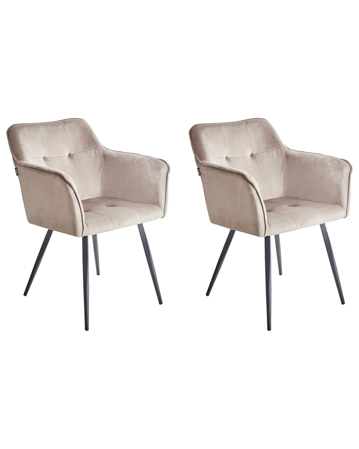 Set of 2 Dining Chairs Taupe Beige Velvet Upholstered Seat with Armrests Black Metal Legs Beliani