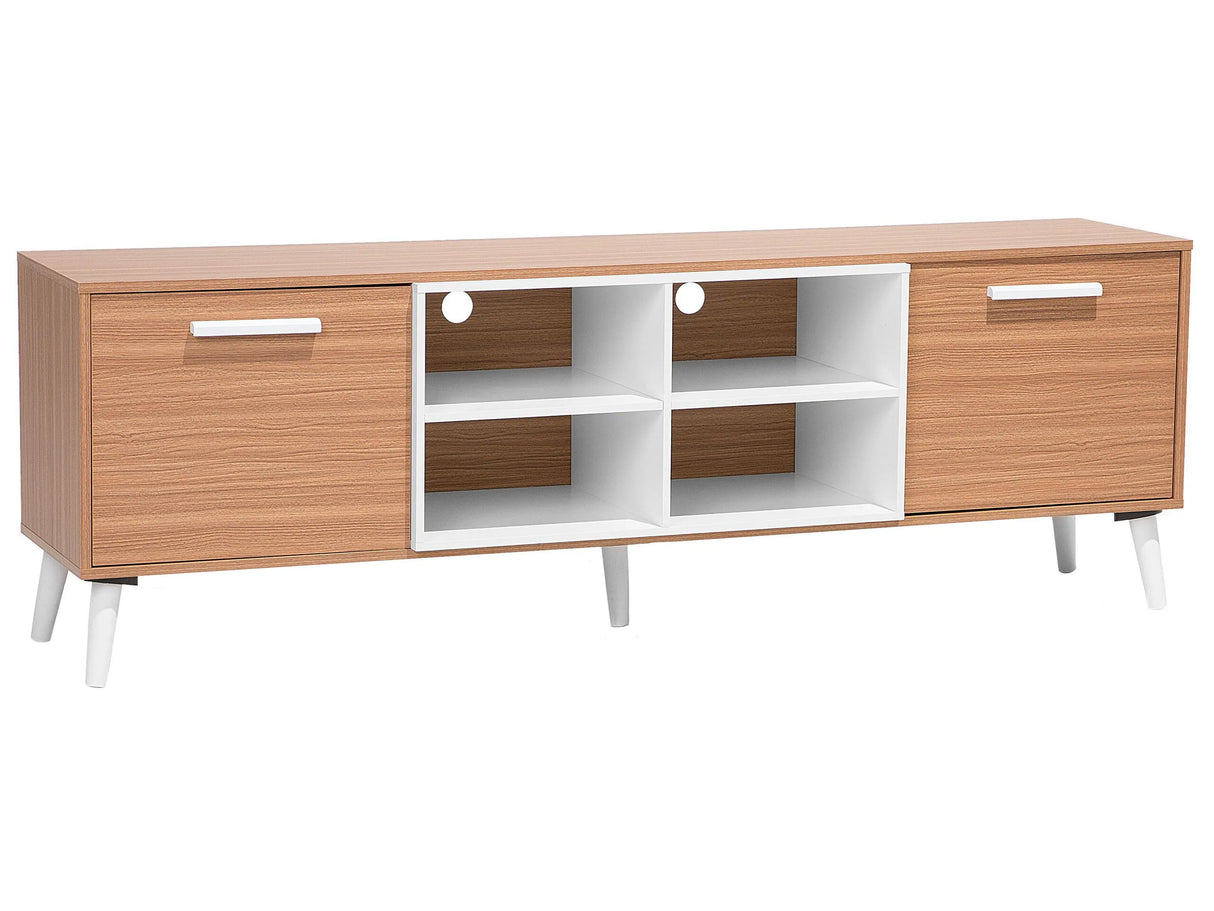 TV Stand Light Wood with White for up to 78 TV Media Unit with 2 Cabinets Shelves Beliani