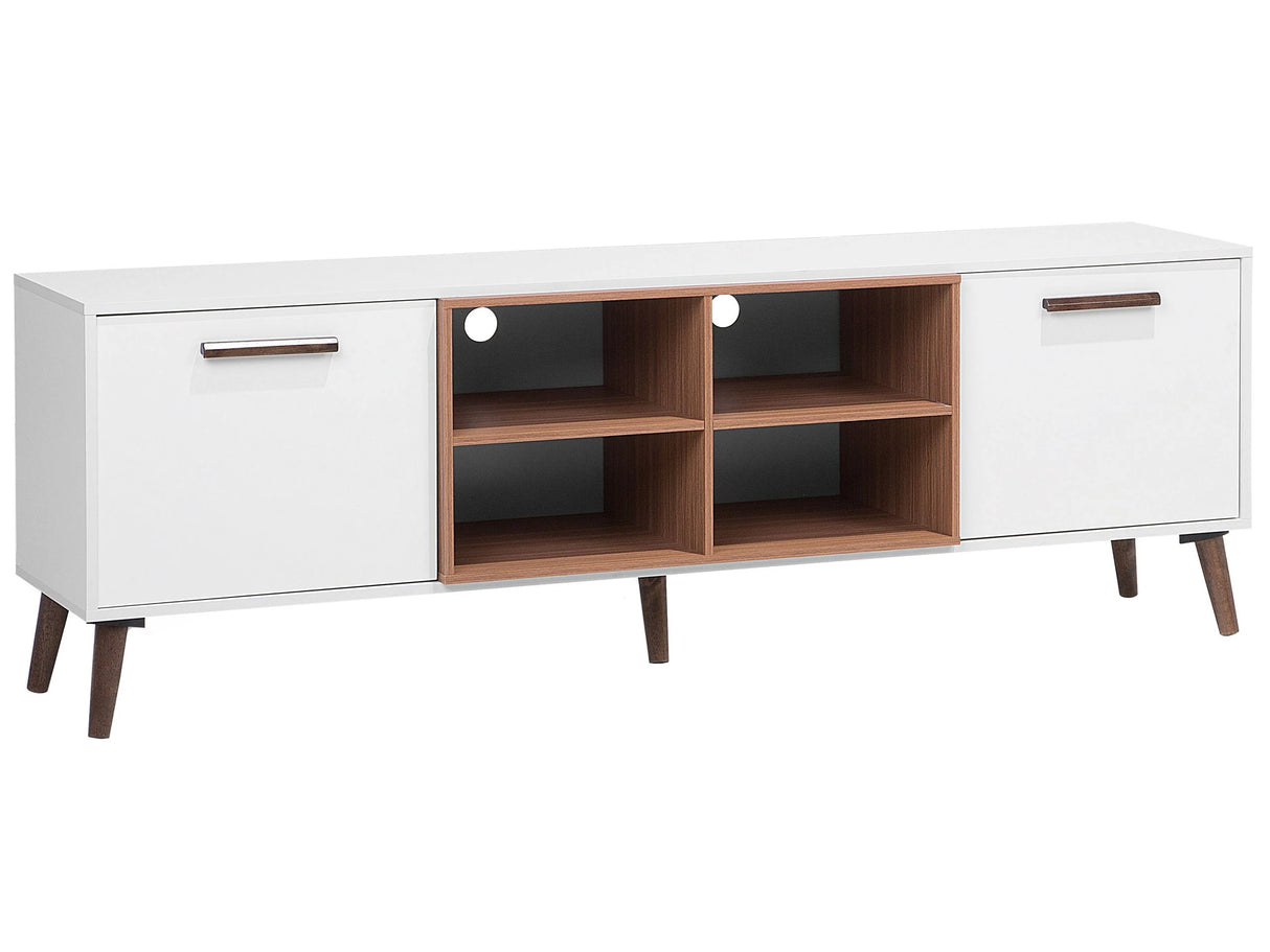 TV Stand White with Dark Wood for up to 78 TV Media Unit with 2 Cabinets Shelves Beliani