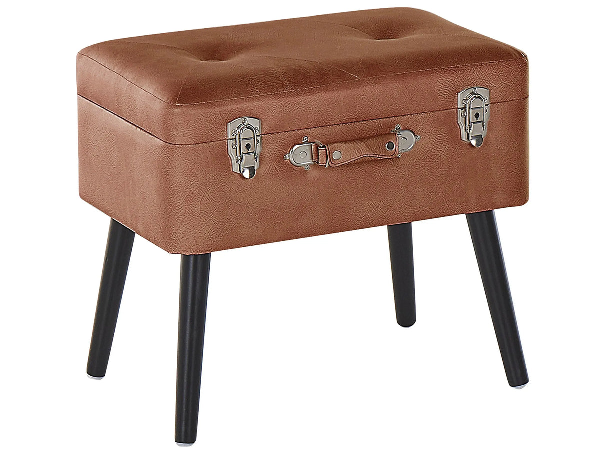 Stool with Storage Brown Faux Leather Upholstered Black Legs Suitcase Design Buttoned Top Beliani