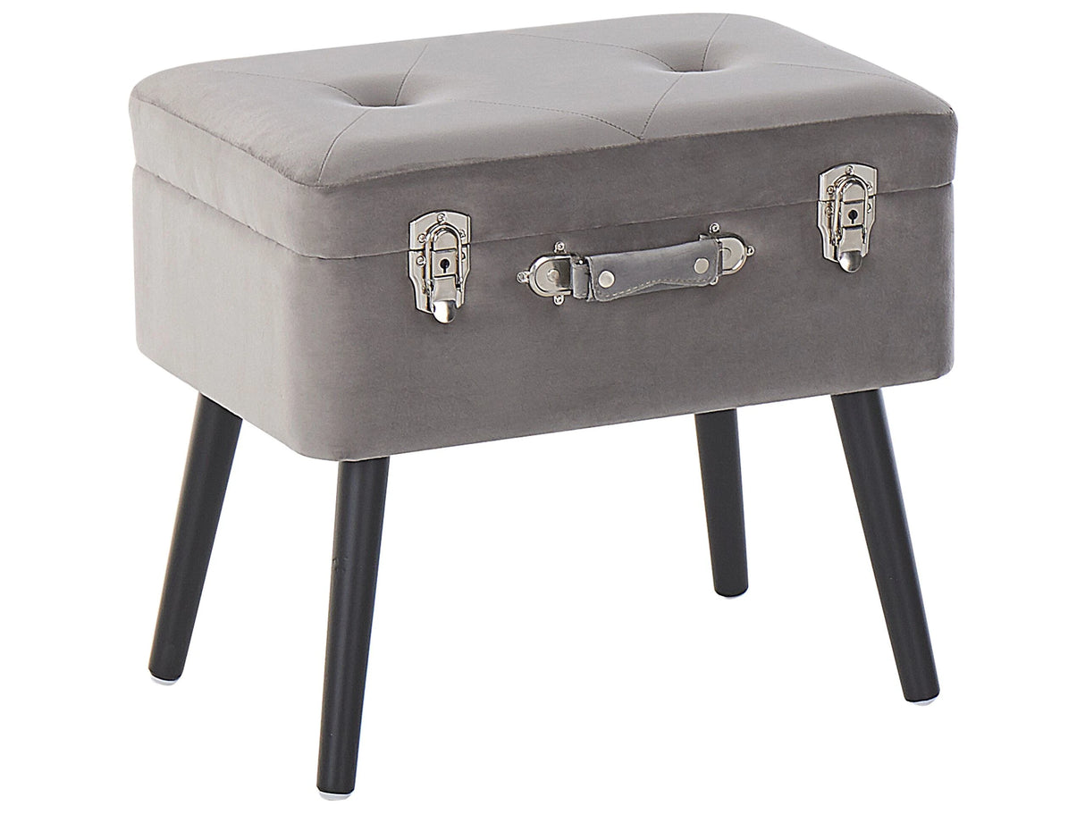 Stool with Storage Grey Velvet Upholstered Black Legs Suitcase Design Buttoned Top Beliani