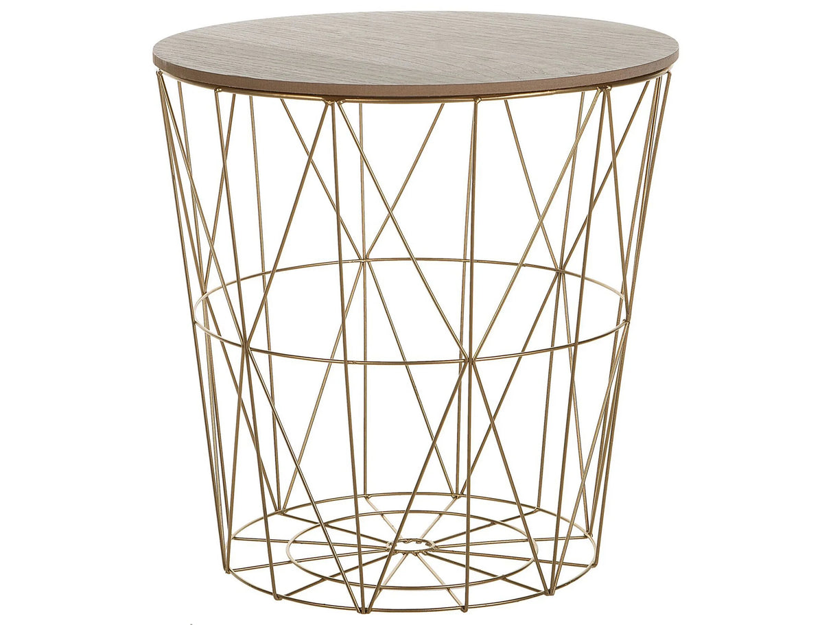 Side Table Light Wood Removable Top Gold Metal 40 cm Storage Wire Basket Geometric Glam Beliani
