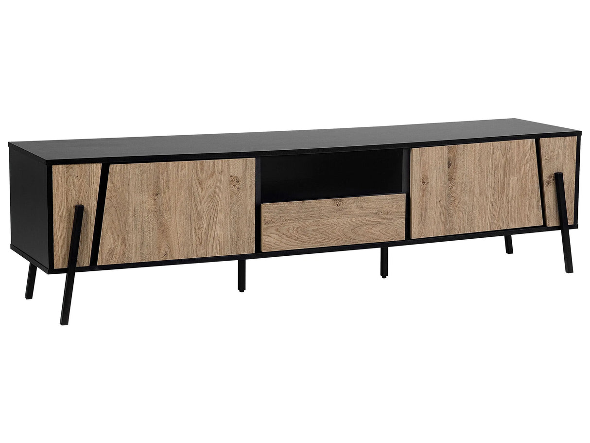 TV Stand Light Wood and Black Metal Legs for up to 76 with 1 Drawer and 2 Cabinets Industrial Style Beliani