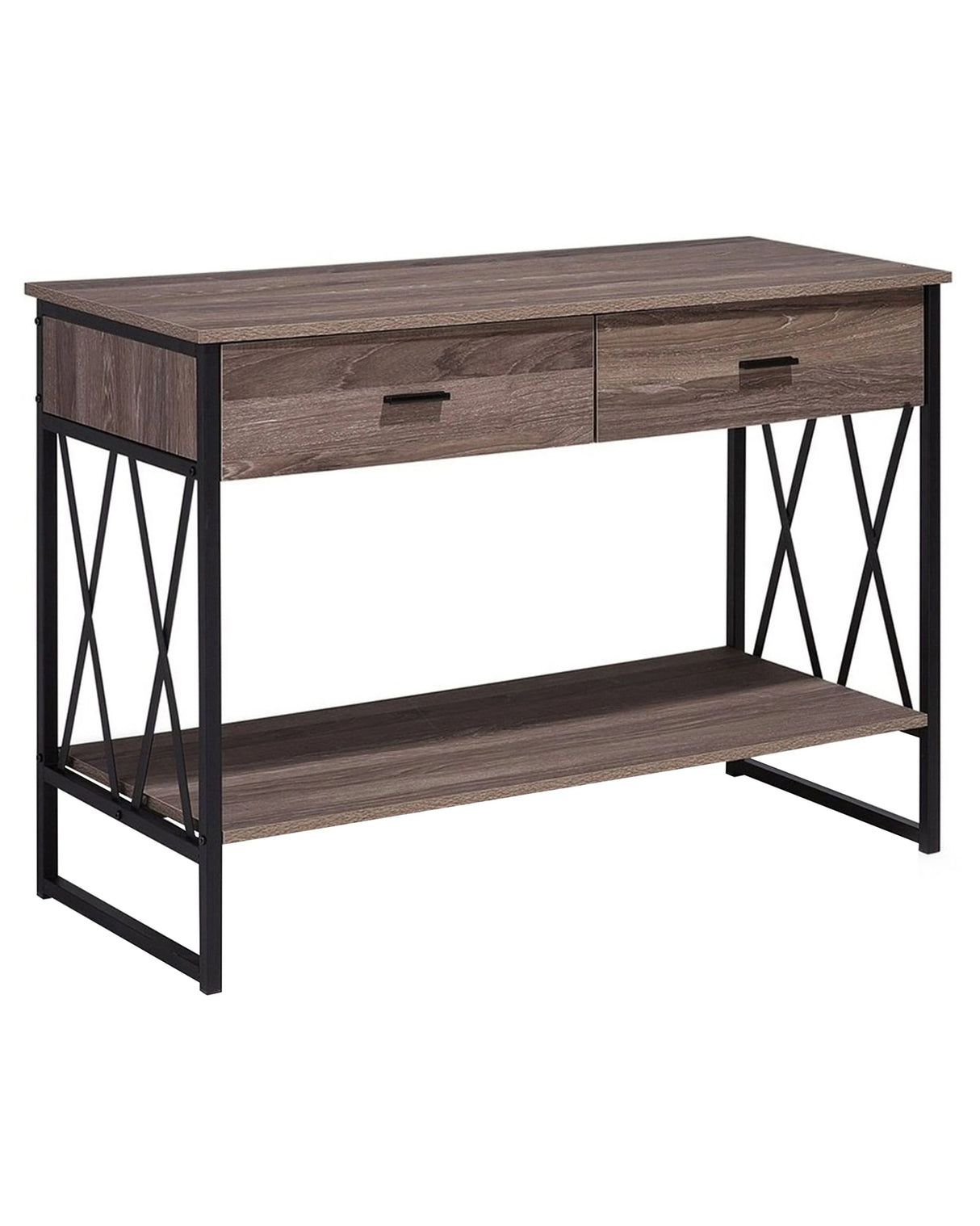 Side Table Taupe Wood Black Metal Frame 107 x 46 cm 2 Storage Drawers Shelf Dressing Table Industrial Beliani