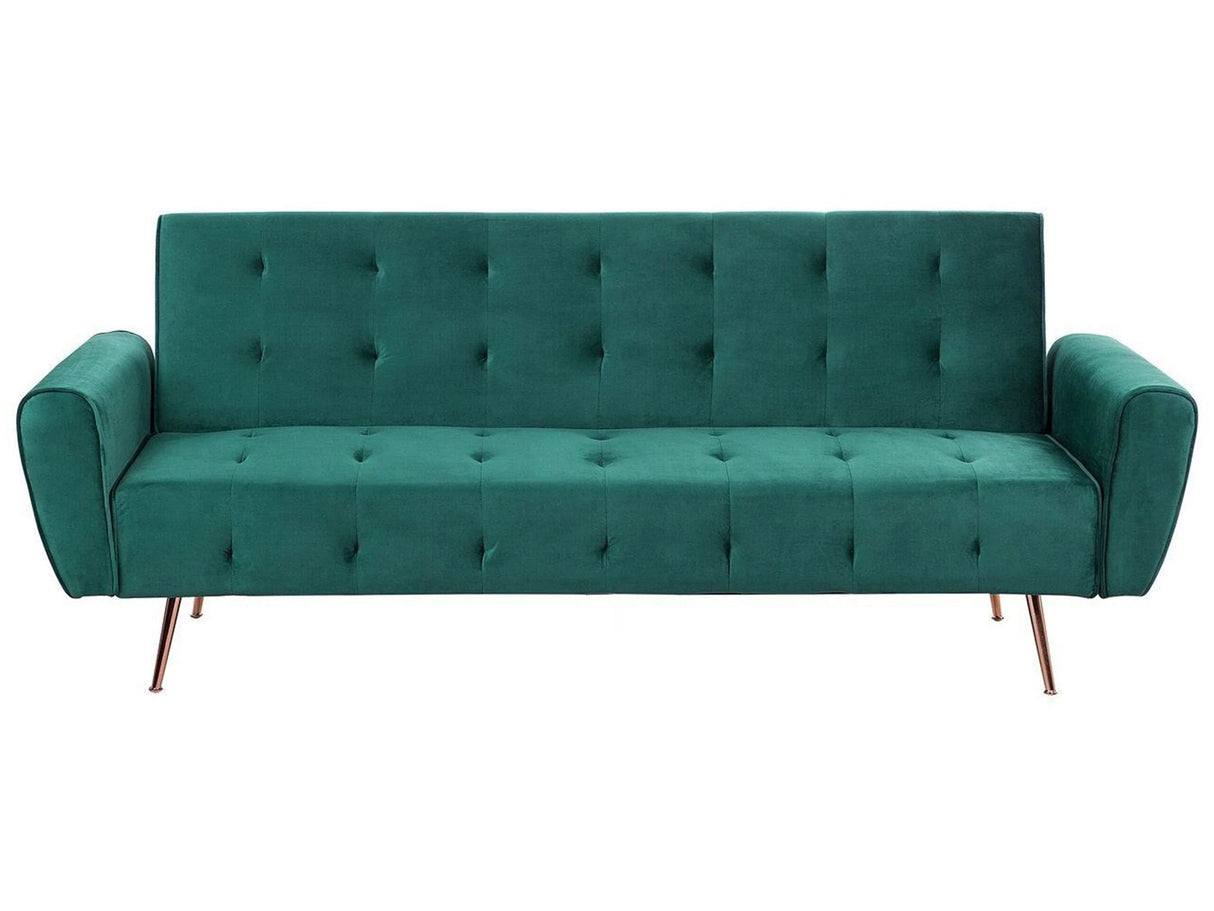 Sofa Bed Green Velvet 3-Seater Sleeper Couch with Side Pocket Metal Legs Upholstered Back Tufted Modern Beliani