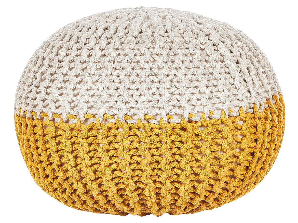Pouf Ottoman Yellow Beige Knitted Cotton EPS Beads Filling Round Small Footstool 50 x 35 cm Beliani