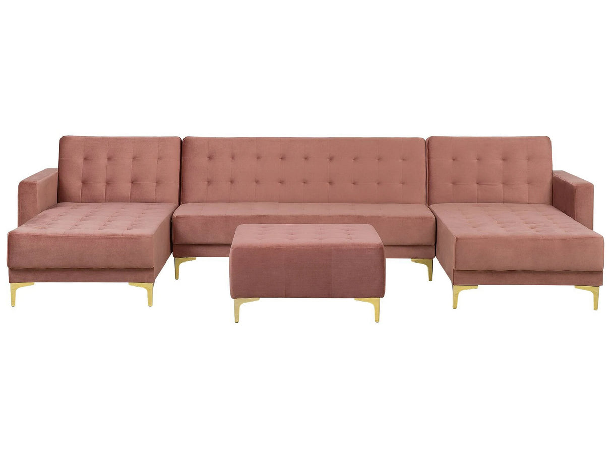 Corner Sofa Bed Pink Velvet Tufted Fabric Modern U-Shaped Modular 5 Seater with Ottoman Chaise Lounges Beliani