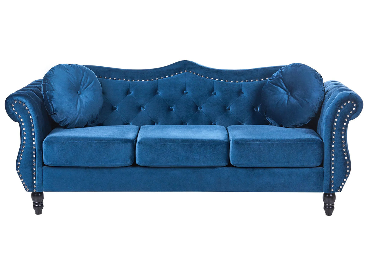 Sofa Blue Velvet 3 Seater Nailhead Trim Button Tufted Throw Pillows Rolled Arms Glam Beliani