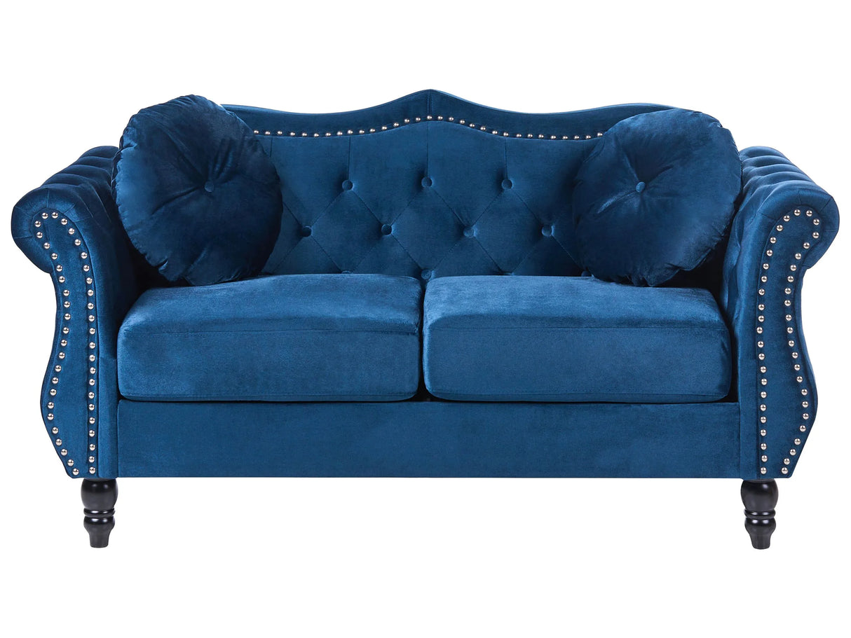 Sofa Blue Velvet 2 Seater Nailhead Trim Button Tufted Throw Pillows Rolled Arms Glam Beliani