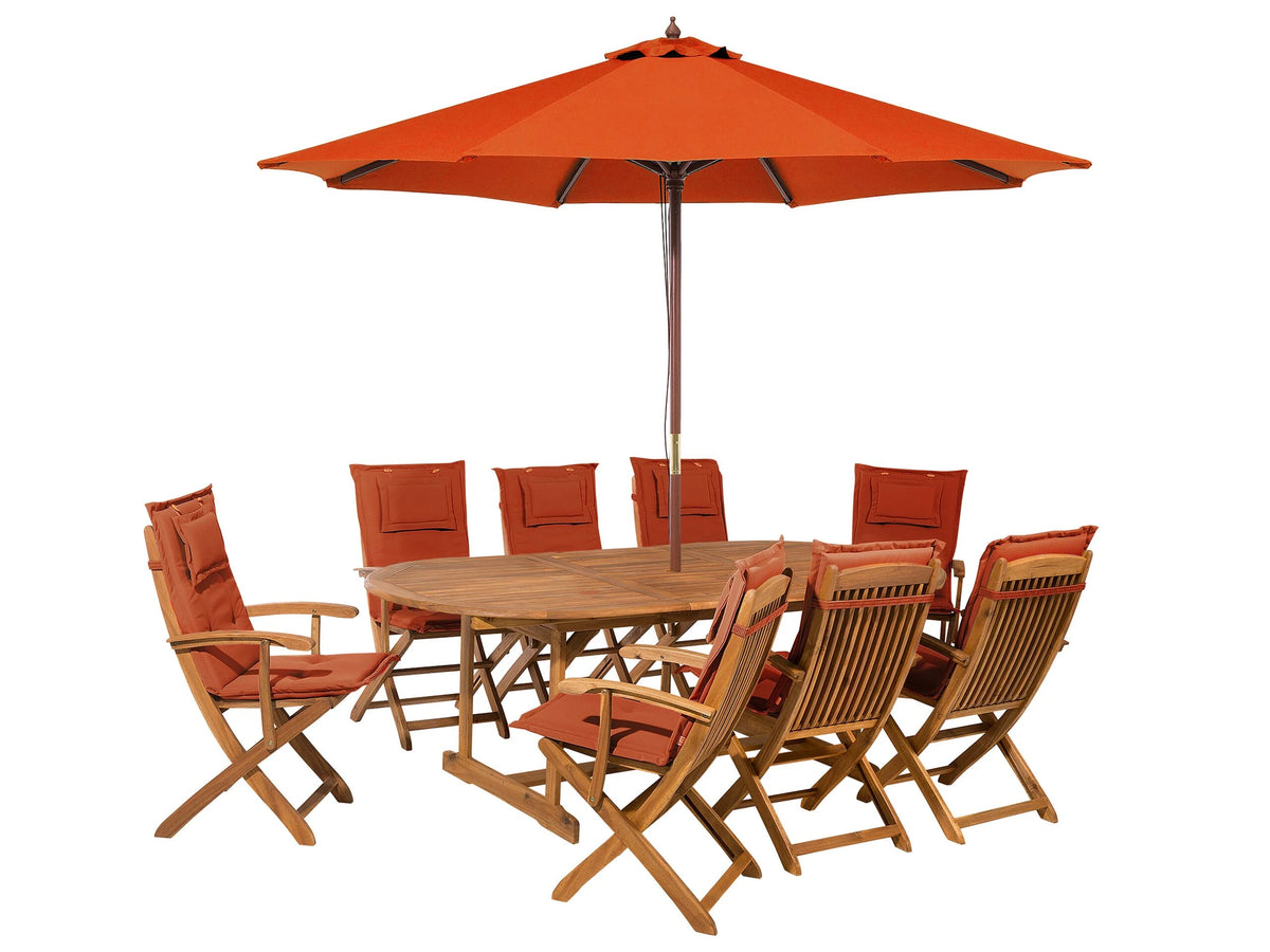 Outdoor Dining Set Light Acacia Wood with Red Cushions 8 Seater Table Folding Chairs Red Umbrella Beliani