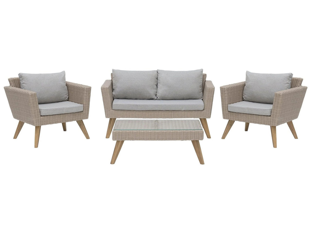 Patio Set Taupe Rattan 2 Seater 2 Chairs Grey Cushions Outdoor Country Beliani