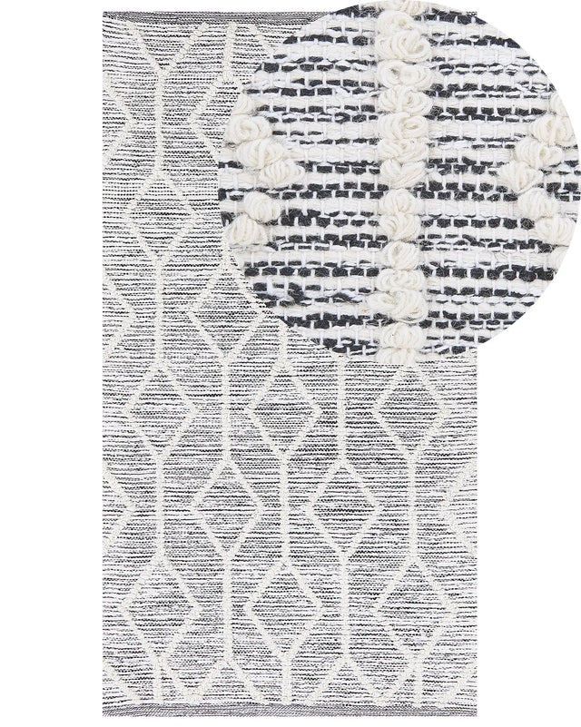 Rug Grey with Beige Wool and Cotton 80 x 150 cm Geometric Pattern Hand Woven Flatweave Beliani