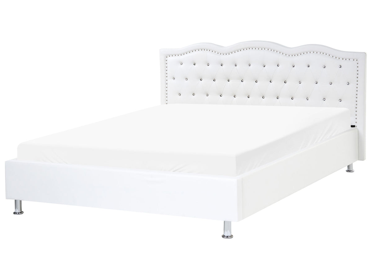 EU King Size Bed White Faux Leather 5ft3 Upholstered Frame Nailhead Trim Crystal Buttons Headrest Beliani