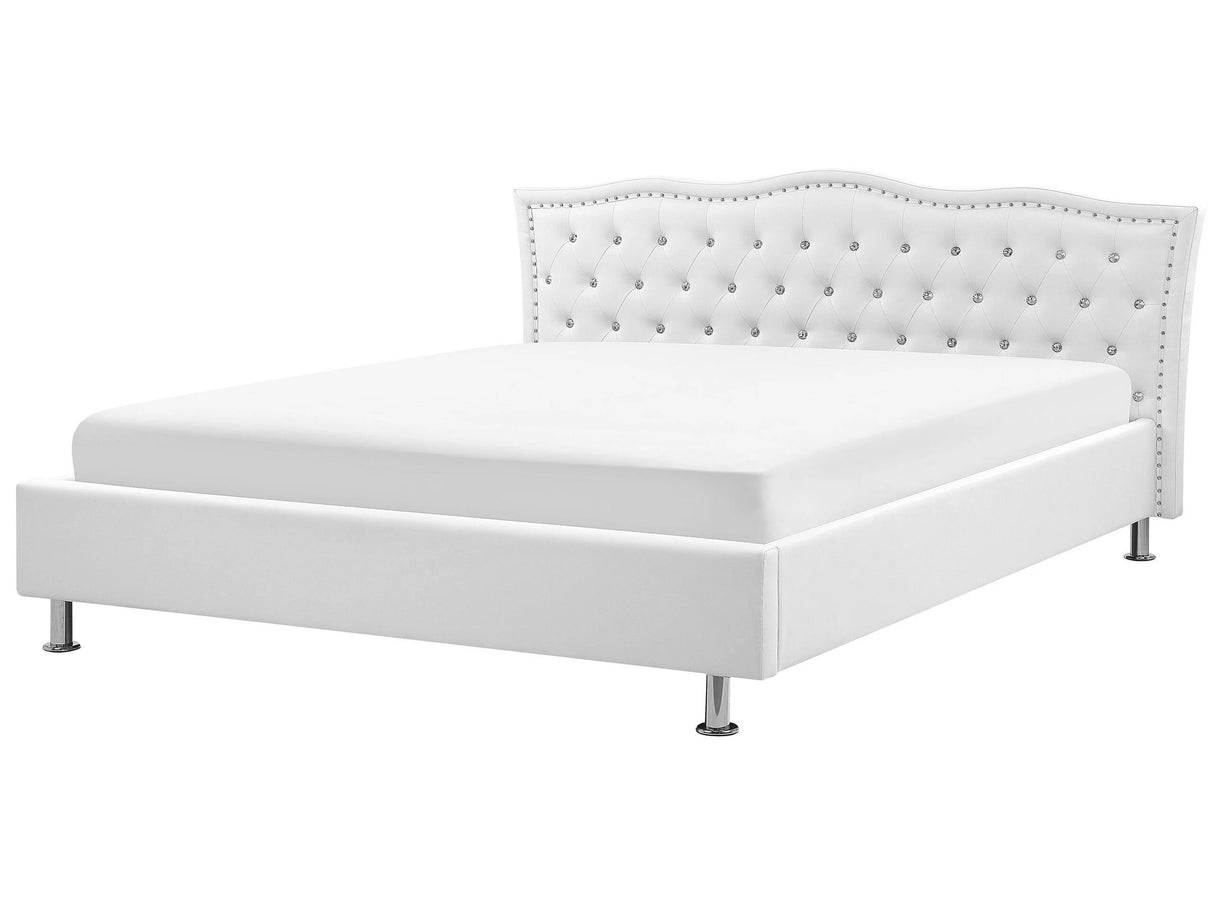 EU Super King Size Bed White Faux Leather 6ft Upholstered Frame Nailhead Trim Crystal Buttons Headrest Beliani