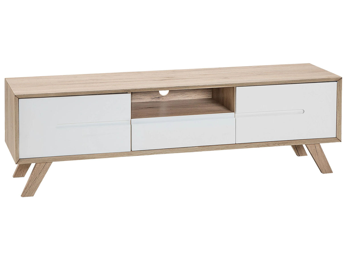 TV Stand White and Light Wood Veneer for up to 64 TV with 2 Cabinets and Drawer Beliani