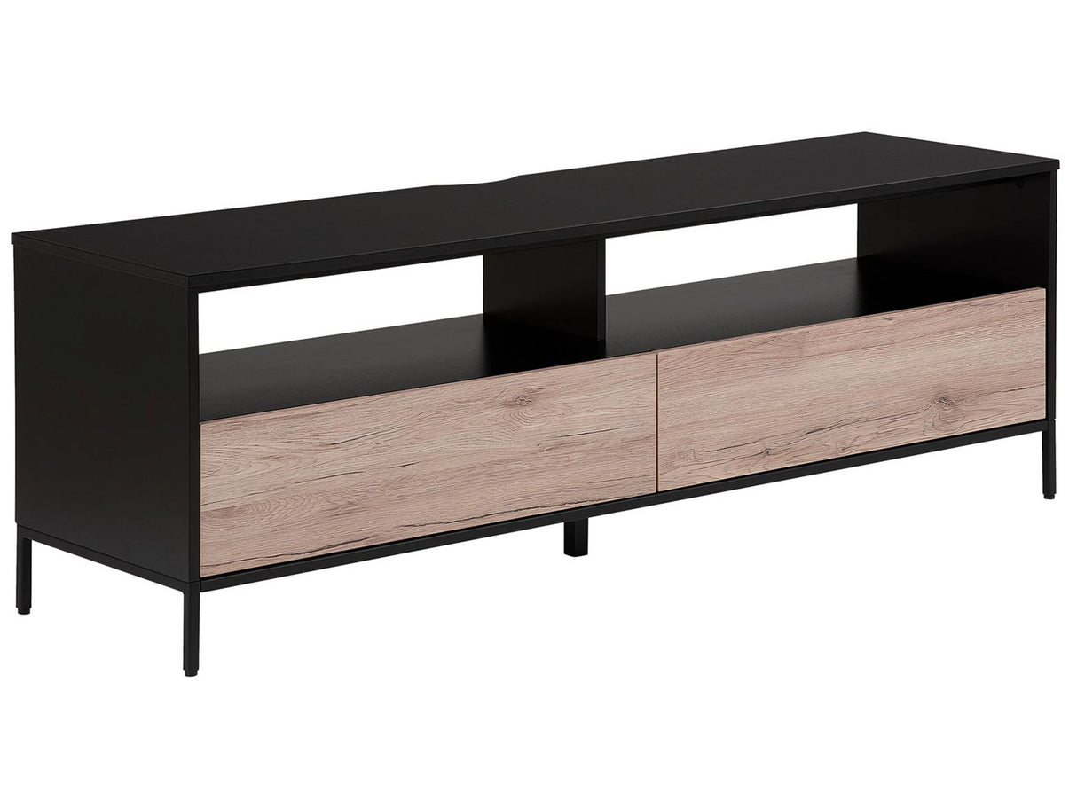 TV Stand Light Wood with Black for up to 70 TV Media Unit with 2 Drawers Shelves Beliani