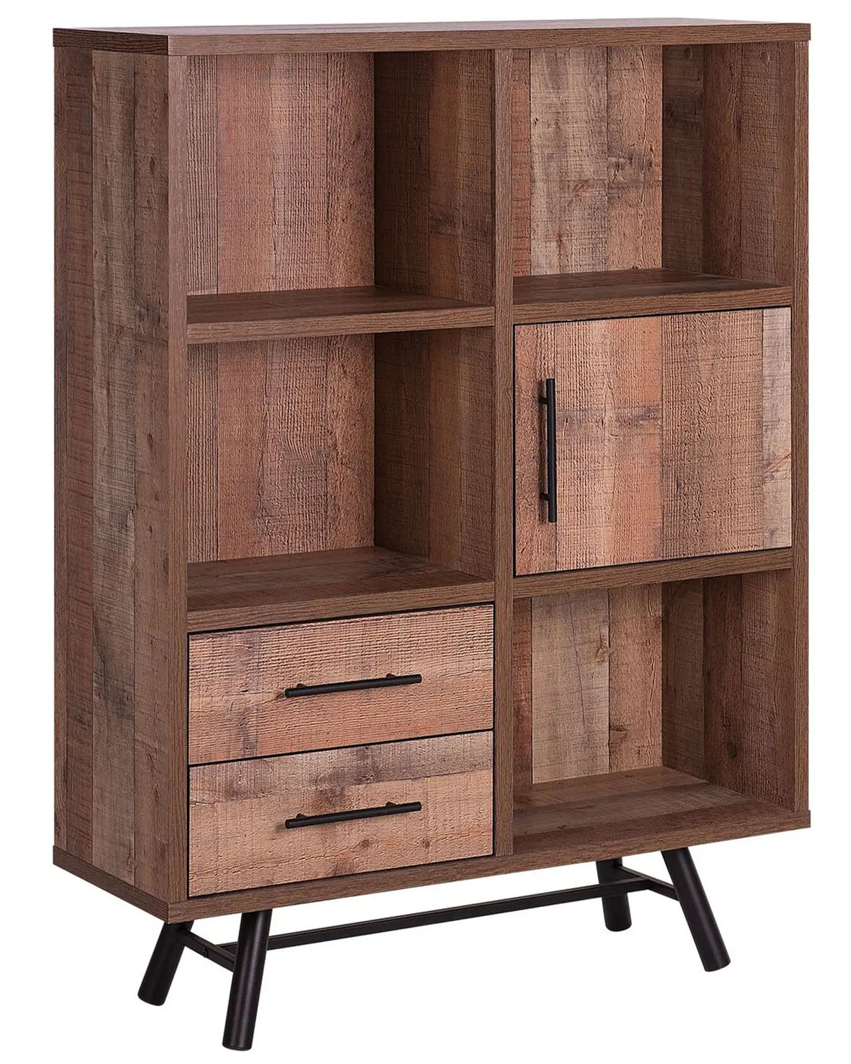 Bookcase Light Wood with Black Legs 131 cm 2 Drawers 1 Cabinet 4 Shelves Rustic Beliani