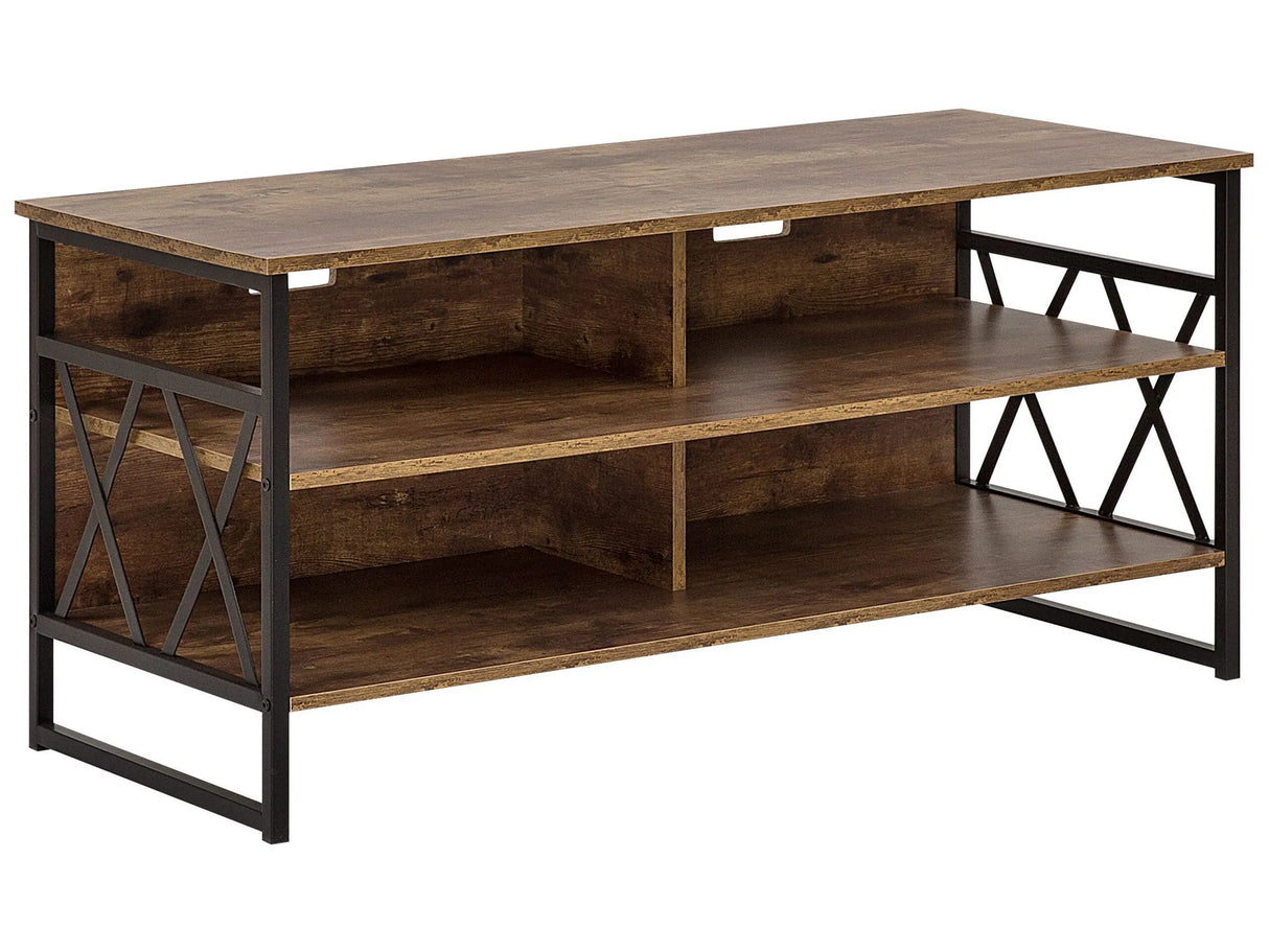 TV RTV Stand Cabinet Dark Wood Metal and Particle Board 4 Shelves Storage Unit Living Room Modern Industrial Beliani