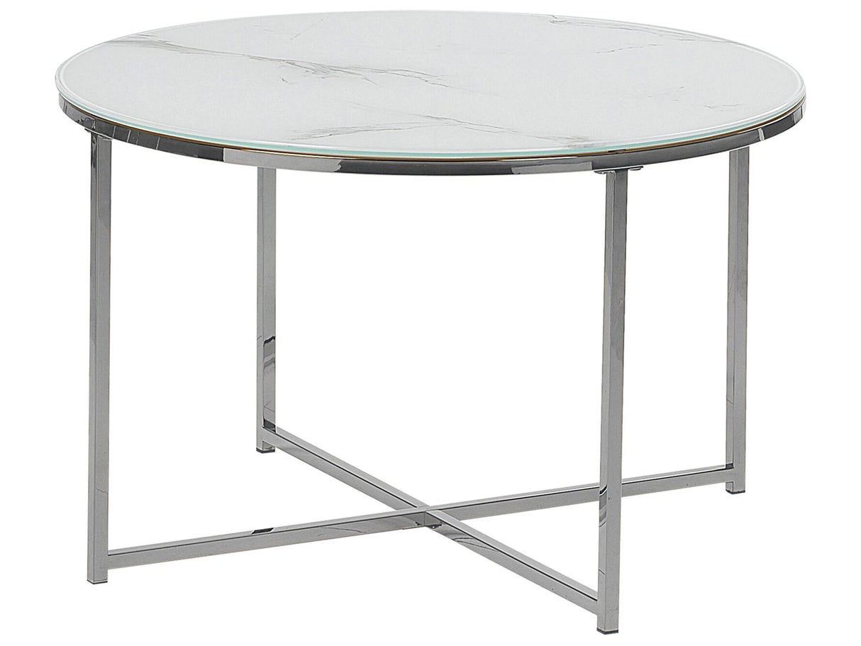 Coffee Table Round Marble Effect White Silver Base 70 cm Glam Modern Minimalist Beliani