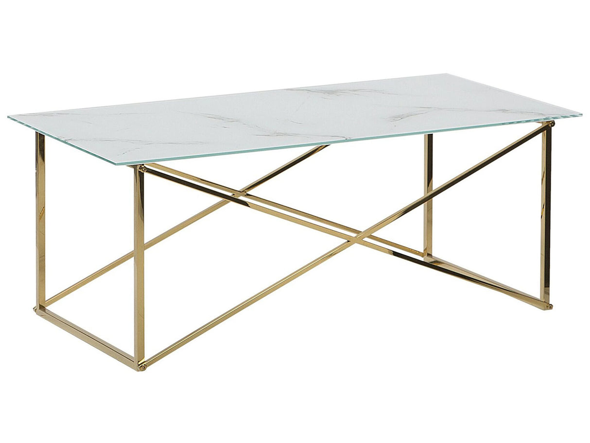 Rectangular Coffee Table Marble Effect White Top Gold Legs Tempered Glass Top Stainless Steel Base 100 x 50 cm Glam Minimalist Beliani