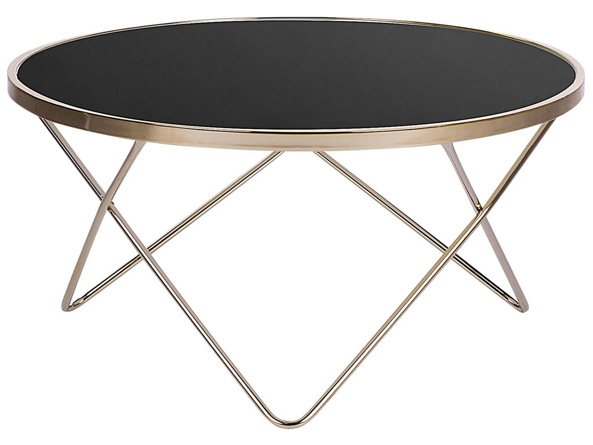 Coffee Table Black Tempered Glass Top Gold Metal Hairpin Legs 80 cm Round Shape Beliani