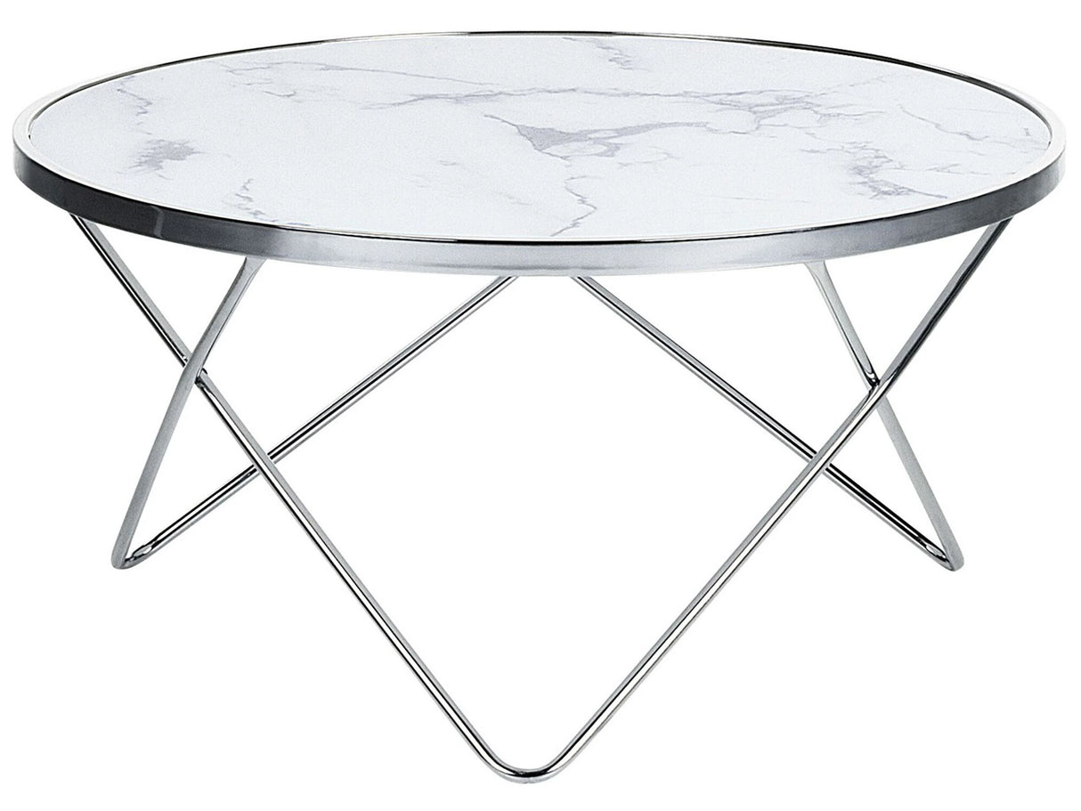 Coffee Table White Marble Effect Tempered Glass Top Silver Metal 80 cm Hairpin Legs Round Shape Beliani