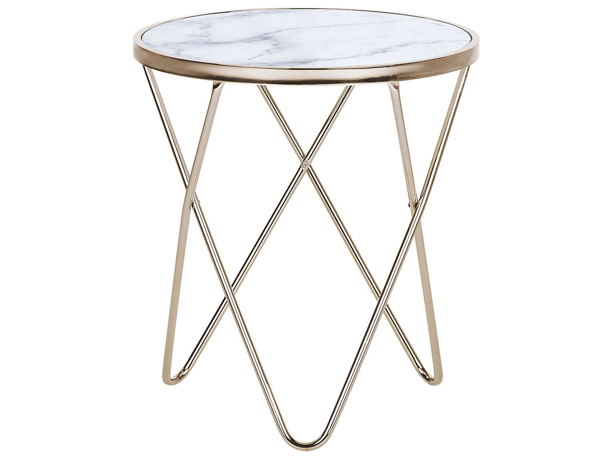 Side Table White Marble Effect Tempered Glass 50 cm Top Gold Metal Hairpin Legs Round Shape Beliani