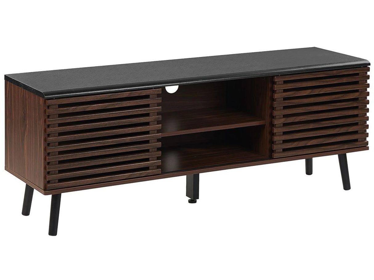 TV Stand Dark Wood Finish up to 63 TV Sideboard with Sliding Slatted Doors Beliani