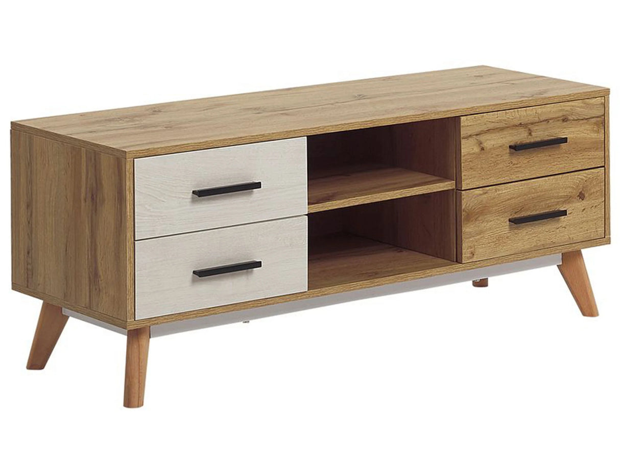 TV Stand Light Wood with White for up to 55 TV with 4 Drawers and 2 Shelves Rustic Beliani