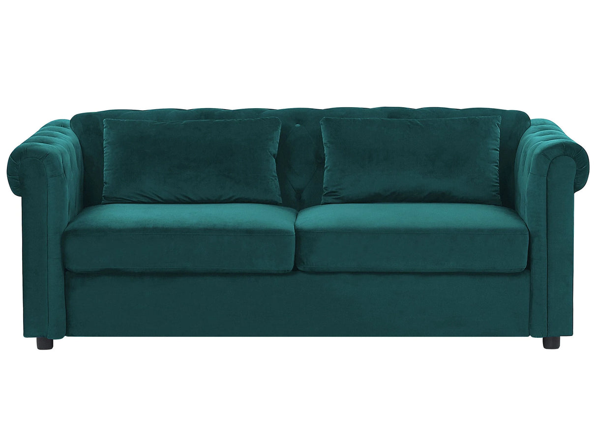 Chesterfield Sofa Bed Green Velvet Fabric Upholstery Dark Wood Legs 3 Seater with Mattress Cushions Contemporary Beliani