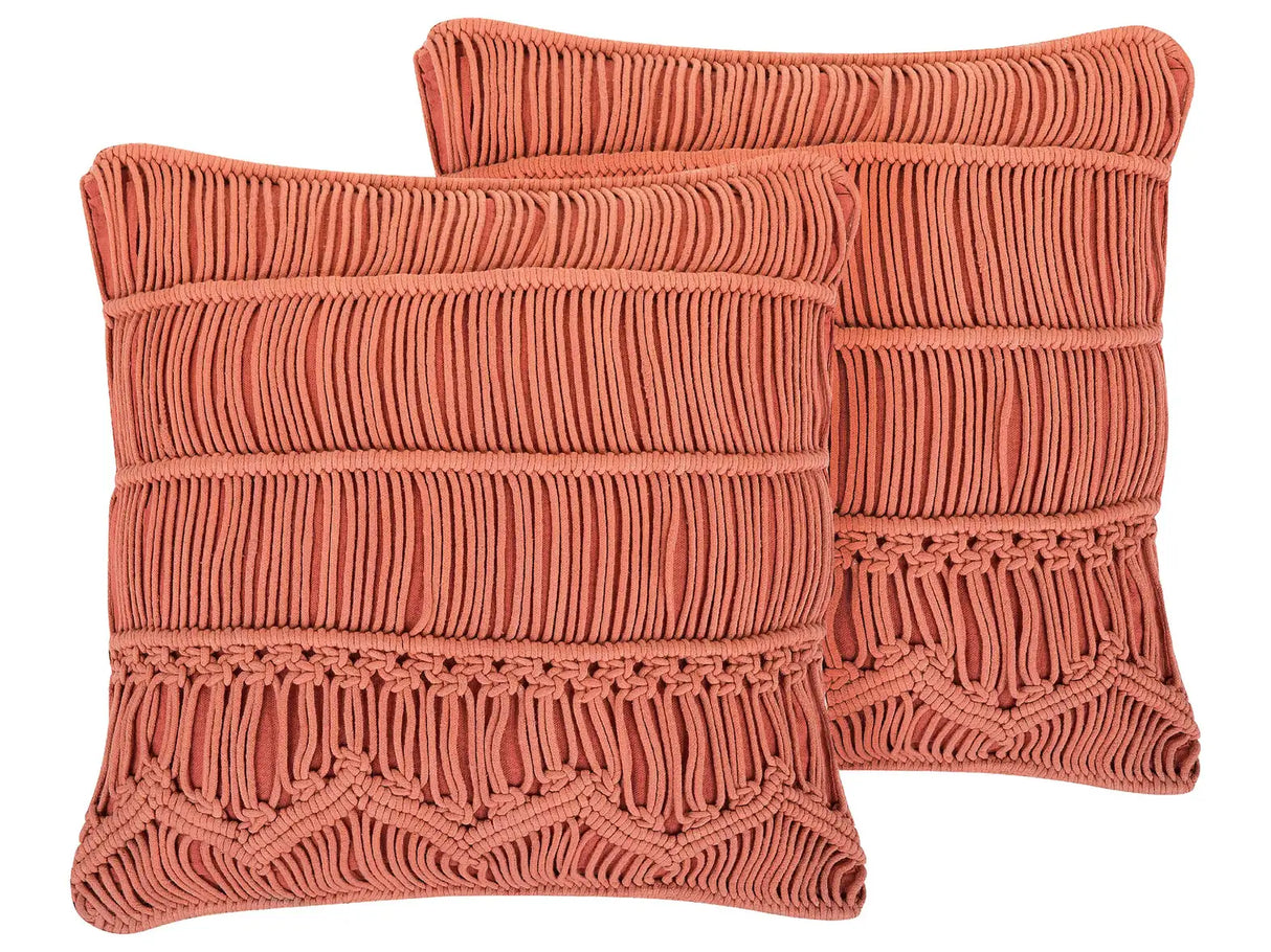 Set of 2 Decorative Cushion Orange Cotton Macram 45 x 45 cm Rope Boho Retro Decor Accessories Beliani