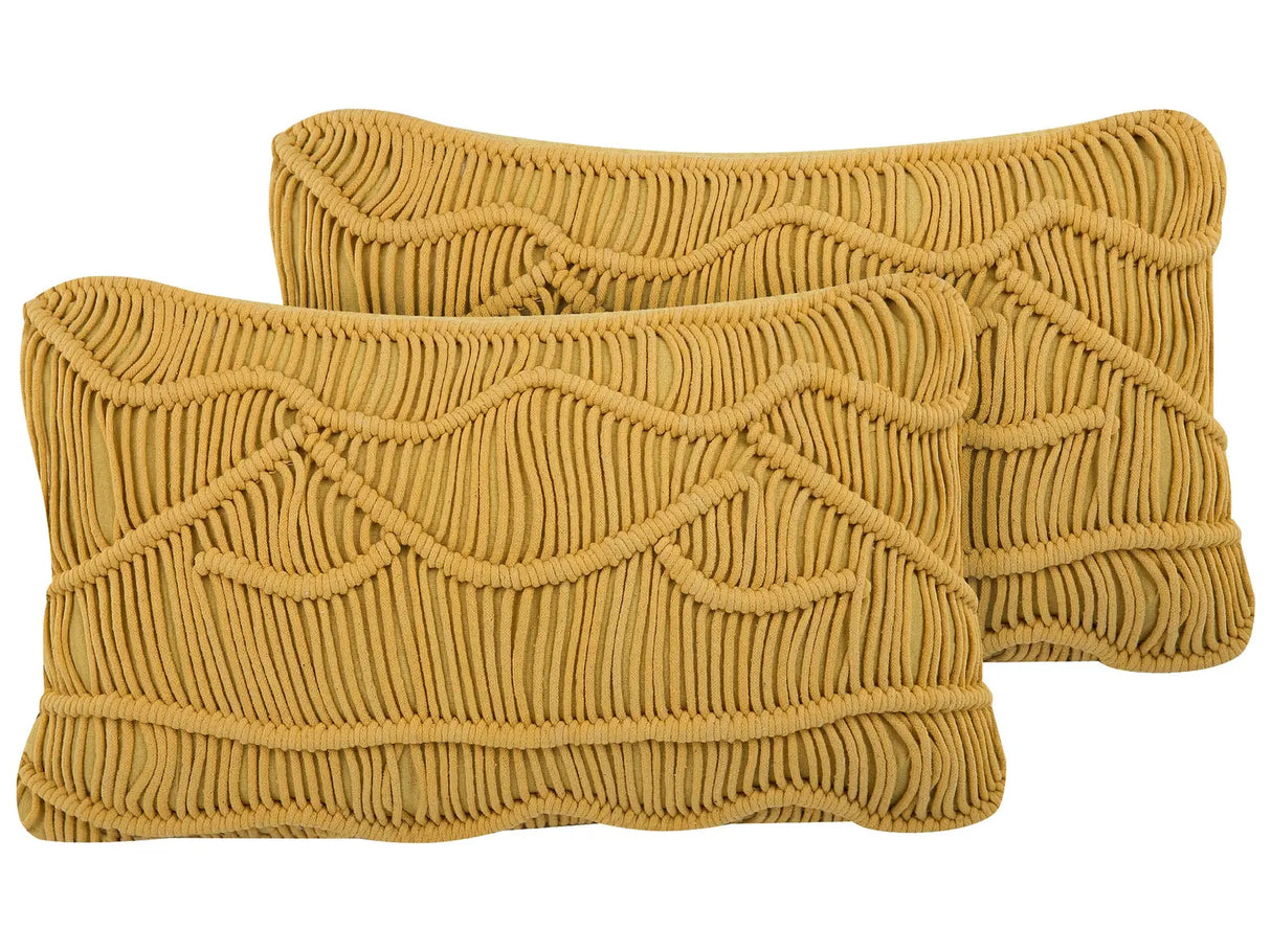 Decorative Cushions Set of 2 Yellow Cotton Macram 30 x 50 cm Rope Boho Retro Decor Accessories Beliani