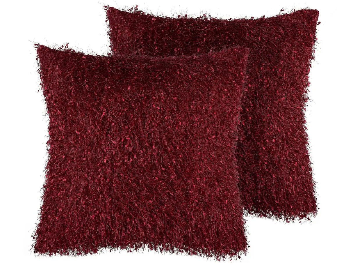Set of 2 Decorative Cushions Red Shaggy 45 x 45 cm Modern Glamour Decor Accessories Beliani