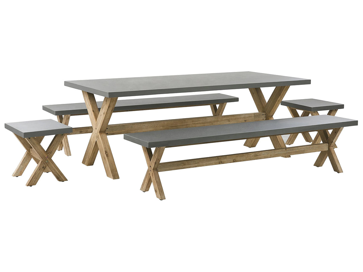 Outdoor Dining Set Grey Fibre Cement Light Acacia Wood 8 People Table 2 Benches 2 Stools Modern Design Beliani