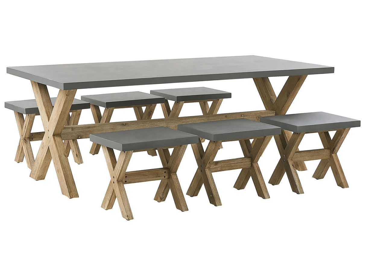Outdoor Dining Set Grey Light Wood Fibre Cement For 6 People Table and Stools Modern Design Beliani