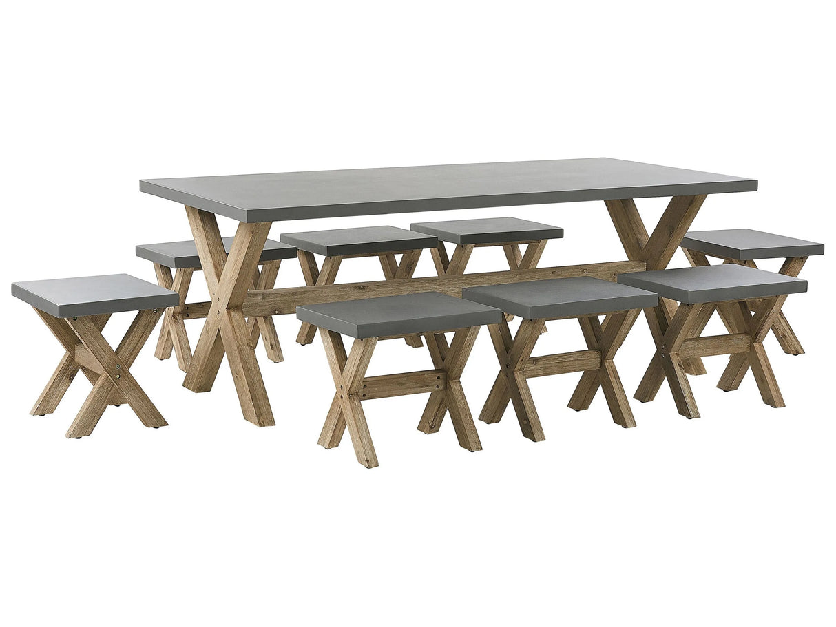 Outdoor Dining Set Grey Light Wood Fibre Cement For 8 People Table and Stools Modern Design Beliani