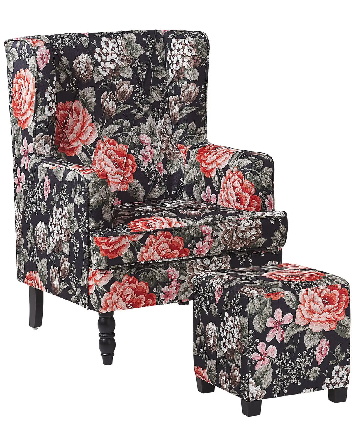 Armchair with Footstool Black Floral Pattern Fabric Wooden Legs Wingback Style Beliani