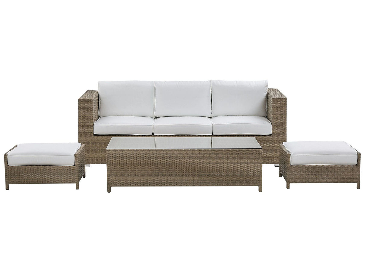 Outdoor Sofa Set Brown Faux Rattan 3 Seater Sofa with Table and 2 Ottomans White Cushions Beliani
