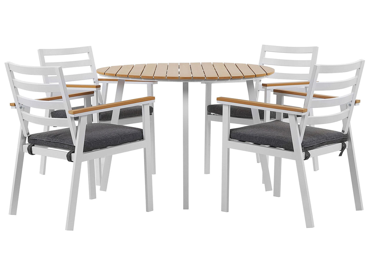Outdoor Dining Set White Aluminium 4 Seater Round Table 105 cm Slatted Chairs with Grey Seat Pads Beliani