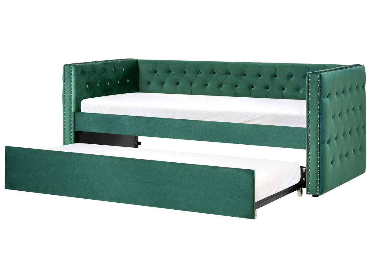 Trundle Bed Frame Green EU Velvet Single Size 3ft Slatted Frame Buttoned Nailhead Trims Glam Beliani