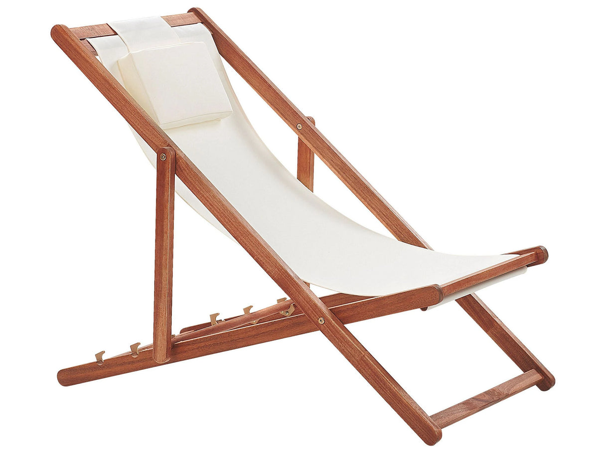 Garden Deck Chair Off-White Fabric Seat Headrest Cushion Reclining Folding Acacia Wood Frame Beliani