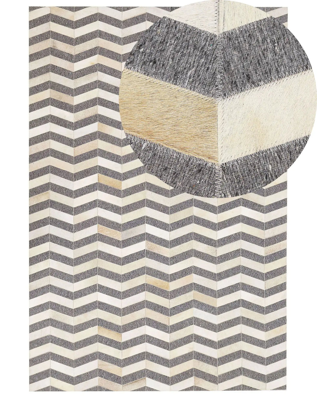Area Rug Grey and Beige Jacquard Cowhide Leather Geometric Chevron Pattern Retro 160 x 230 cm Beliani