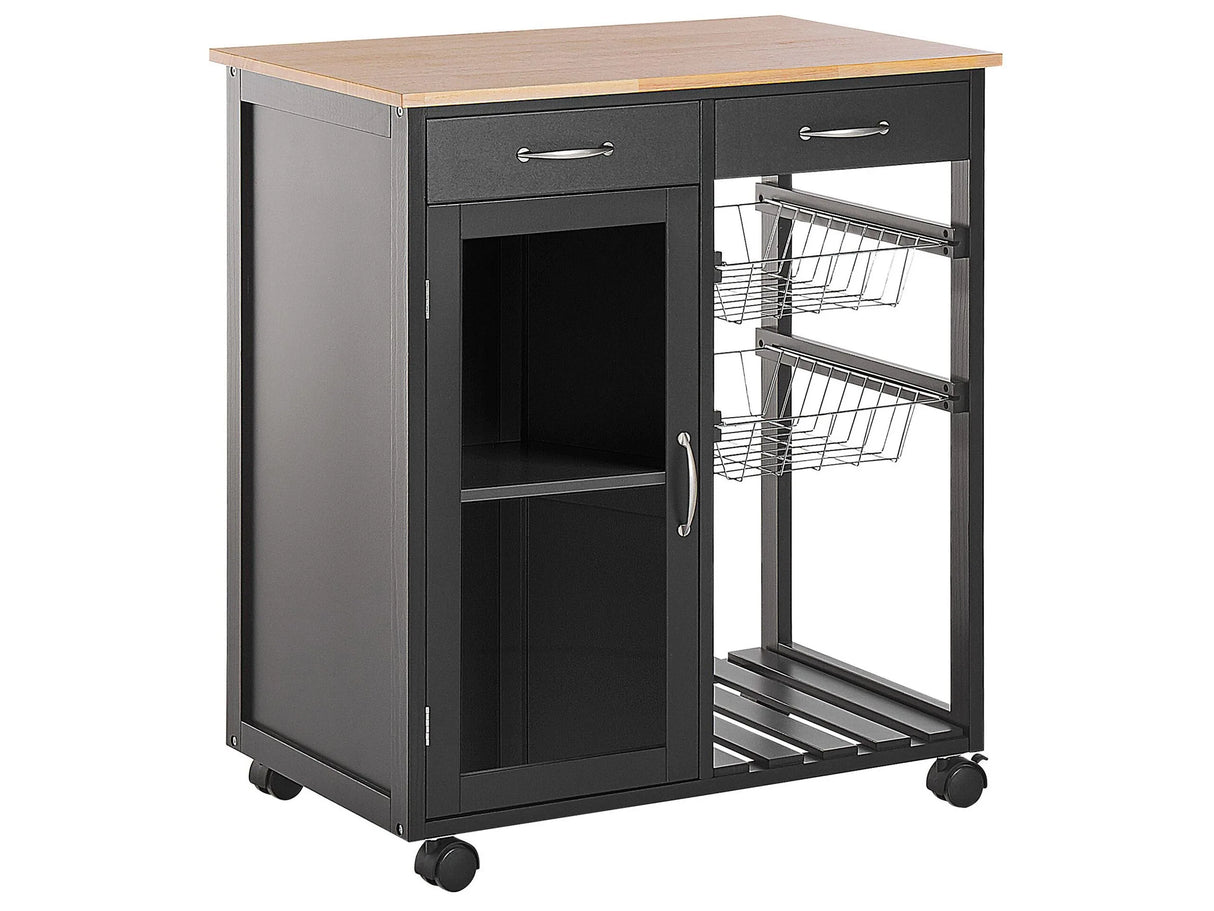 Kitchen Trolley Black Pine Wood 2 Drawers 1 Cabinet 2 Racks Castors Living Room Beliani