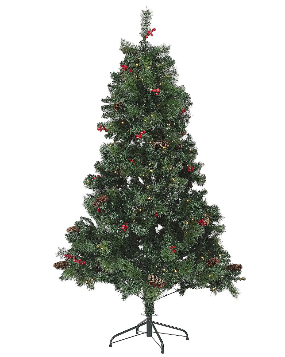 Artificial Christmas Tree Green Pre Lit 180 cm Synthetic Hinged Branches LED Fairy Lights Pine Cones Holly Berries Holiday Beliani