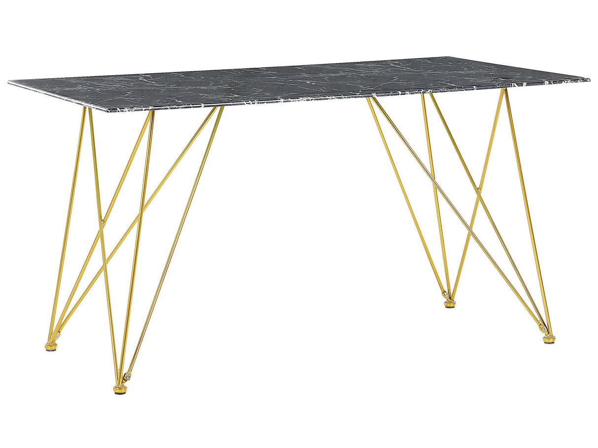 Dining Table Marble Effect Black with Gold Tempered Glass Top Metal Legs 140 x 80 cm Glam Living Room Beliani