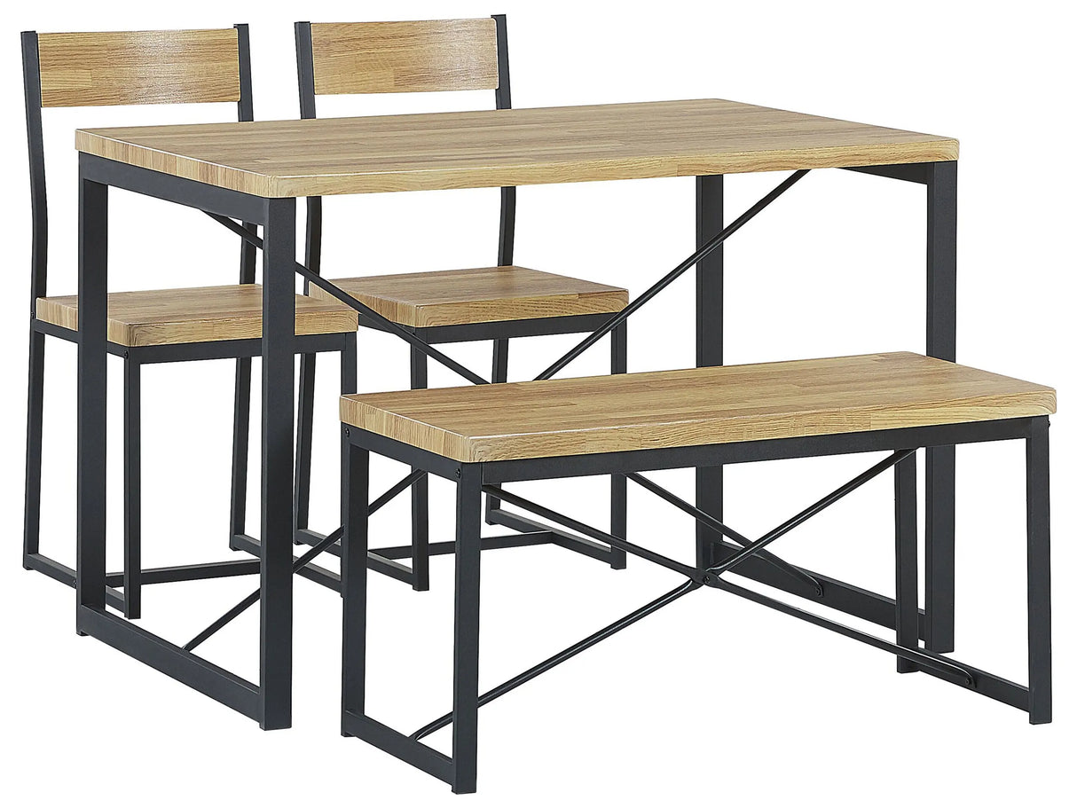 Dining Set Light Wood Top Black Steel Frame Rectangular Table 110 x 70 cm 4 Seater with 2 Chairs and Bench Beliani