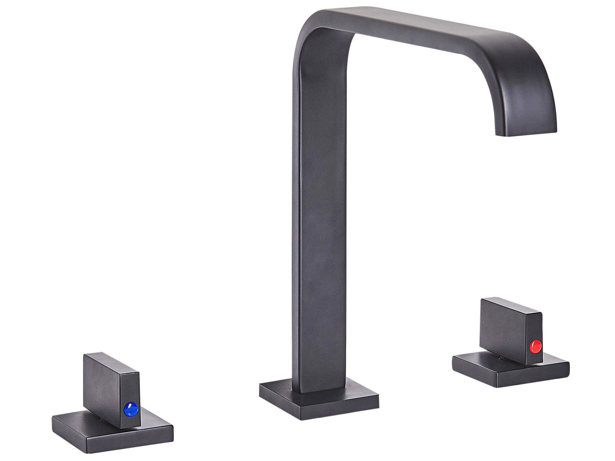 Basin Mixer Tap Black Matt Metal Brass Modern Bathroom Twin Lever Faucet Beliani