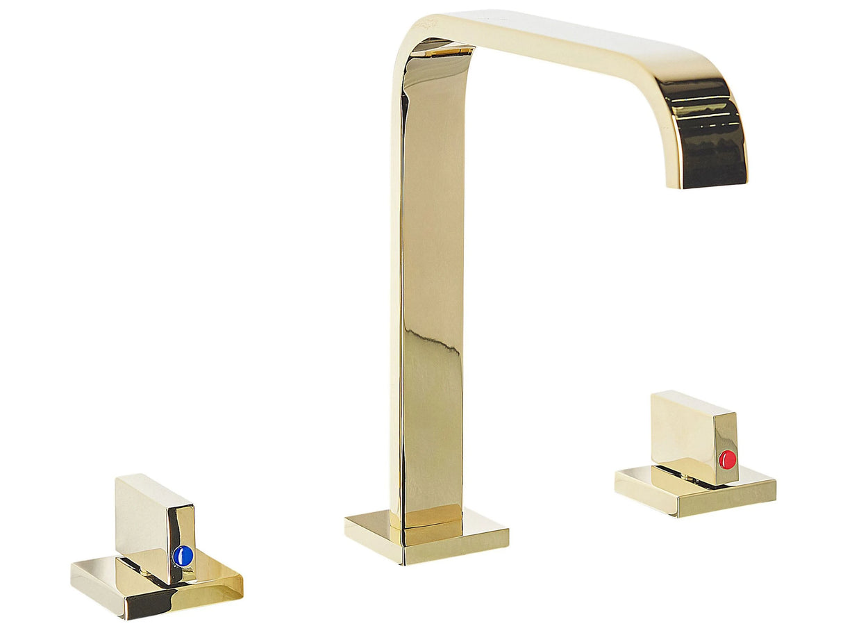 Basin Mixer Tap Gold Glossy Metal Brass Modern Bathroom Twin Lever Faucet Beliani
