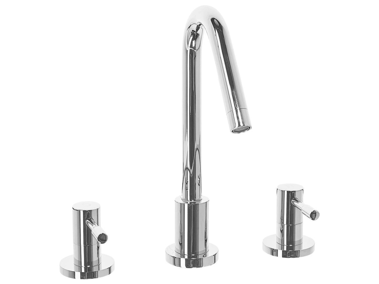 Basin Mixer Tap Silver Glossy Metal Brass Modern Bathroom Twin Lever Faucet Beliani