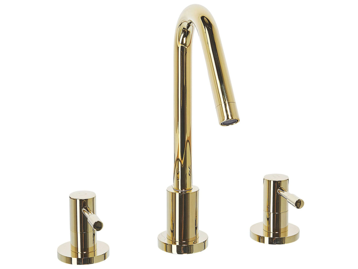 Basin Mixer Tap Gold Glossy Metal Brass Modern Bathroom Twin Lever Faucet Beliani